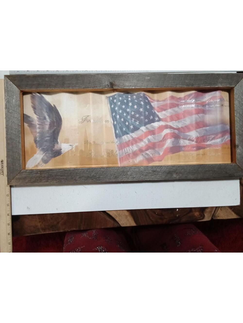 Rustic American Flag and Eagle Wall Art with Corrugated Metal Backing 24X12